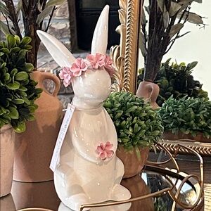 NEW! Shabby Chic Pink Roses Vintage Inspired White Ceramic Bunny Rabbit Figurine